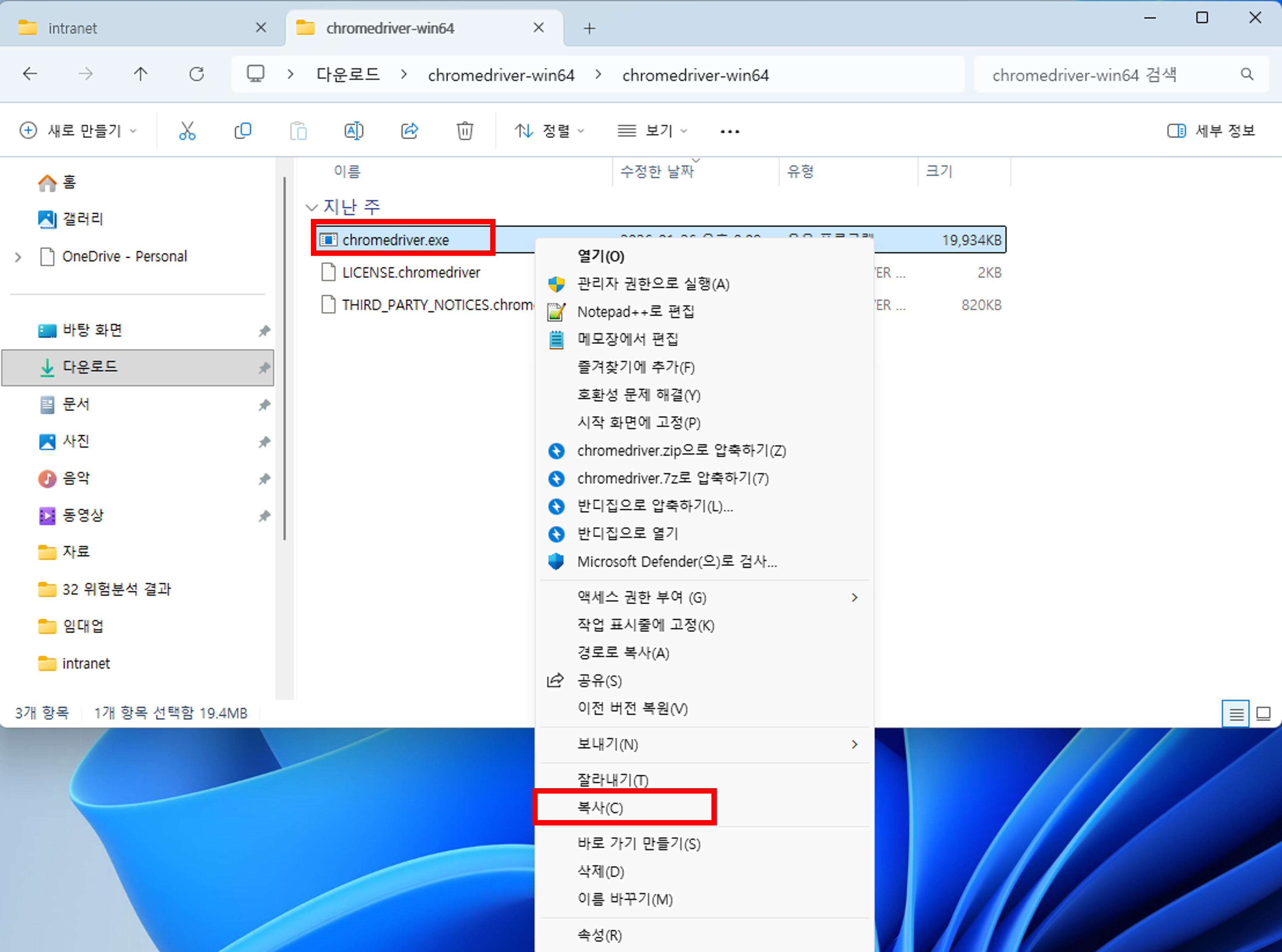 압축해제된 exe 파일 복사 화면